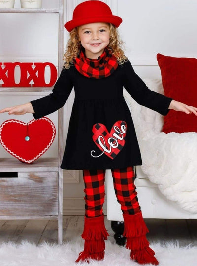Valentine's Outfit | Girls Heart Plaid Heart Tunic, Scarf & Legging Set