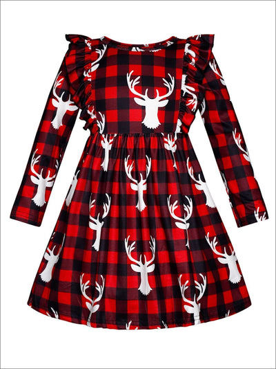 Girls Plaid Moose Print Ruffled Long Sleeve Dress - red/black / S-3T - Girls Christmas Dress