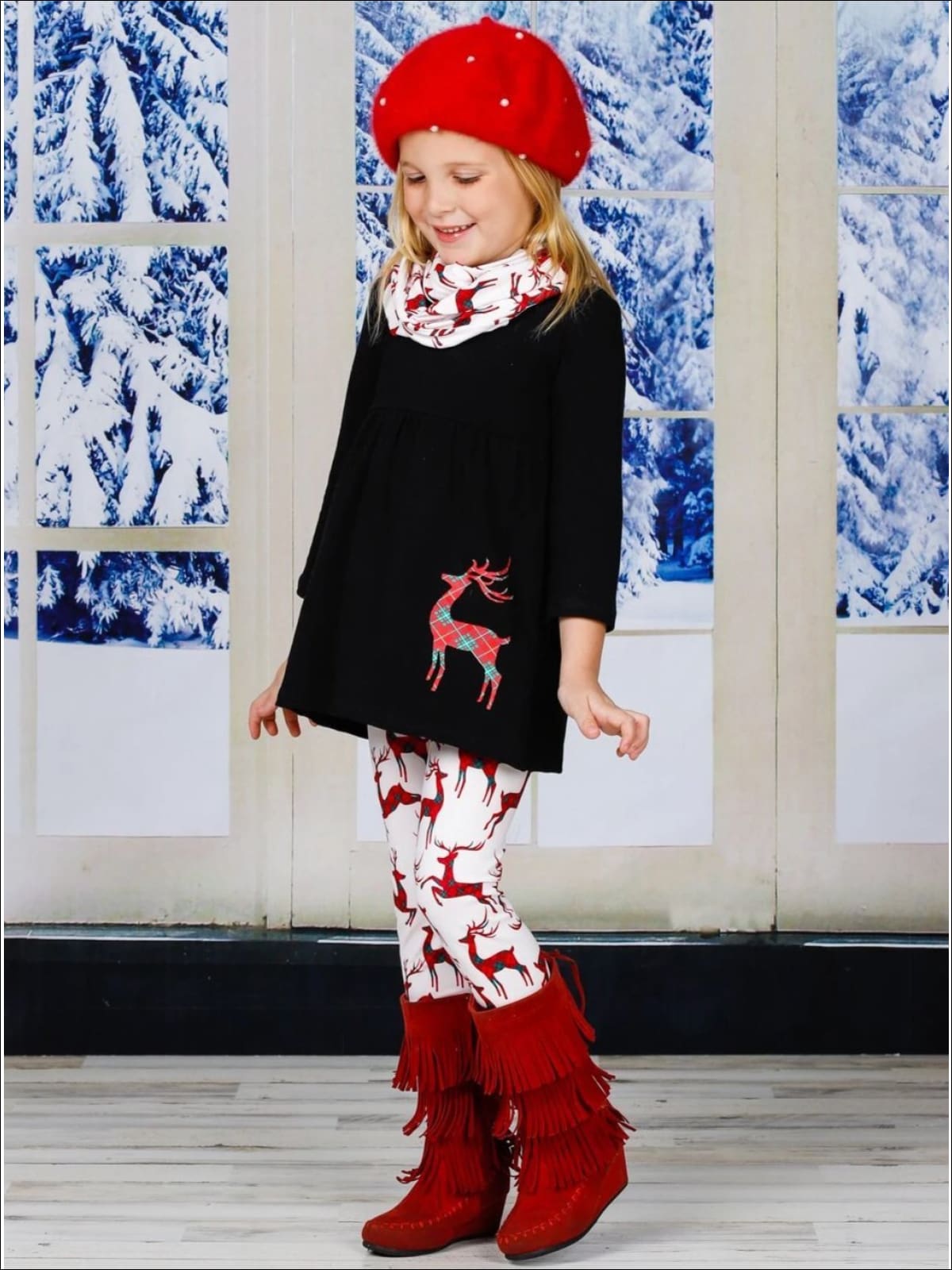 Girls Plaid Reindeer Tunic Leggings and Scarf Set - Girls Christmas Set