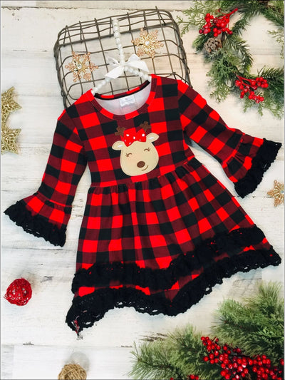 Girls Plaid Rudolph Lace Tiered Ruffled Dress - Red / 2T - Girls Christmas Dress