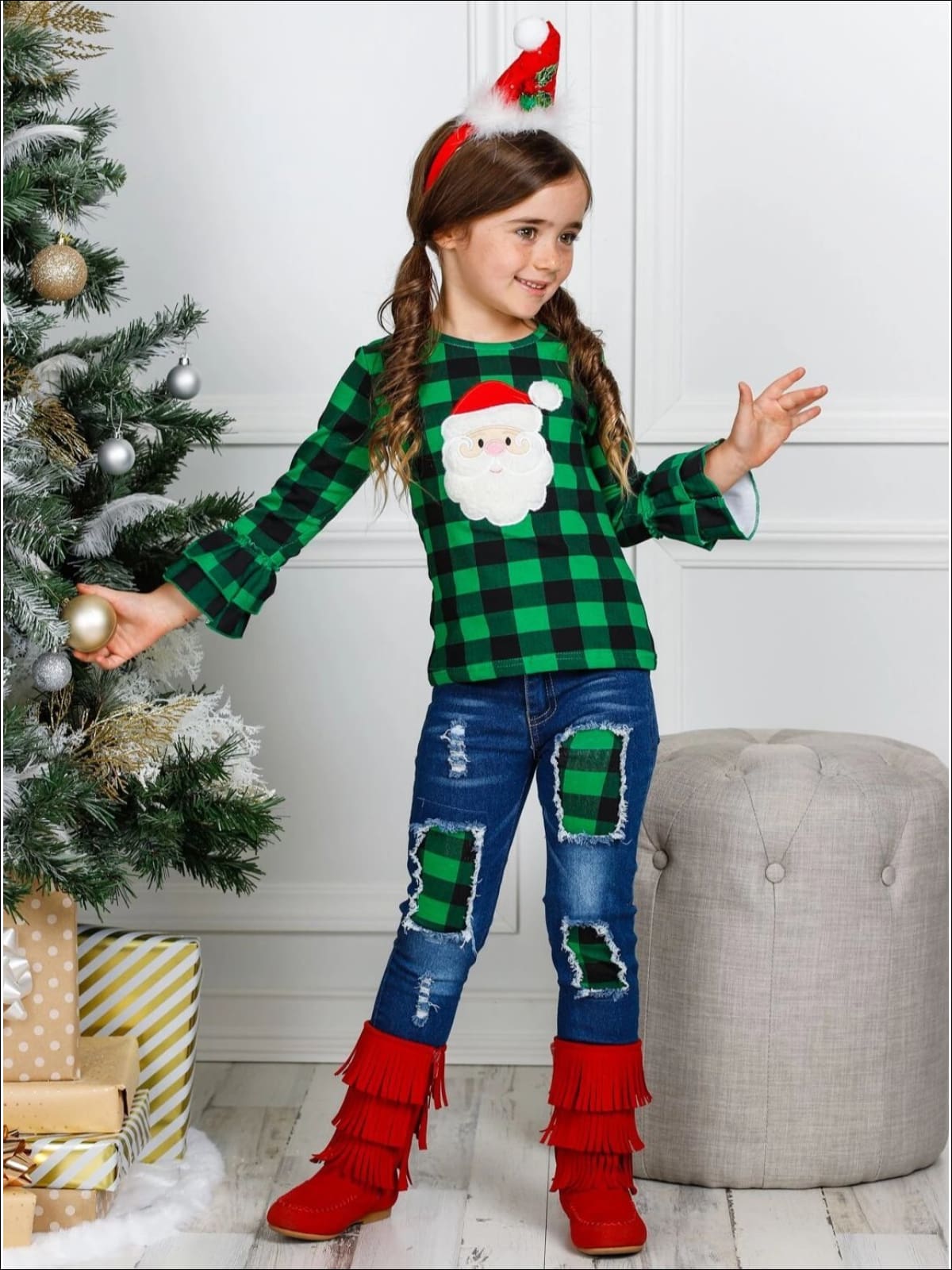 Cute Winter Denim Sets | Girls Santa Face Plaid Patched Jeans Set