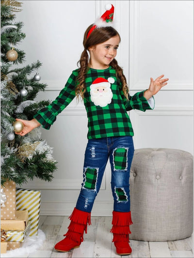 Cute Winter Denim Sets | Girls Santa Face Plaid Patched Jeans Set