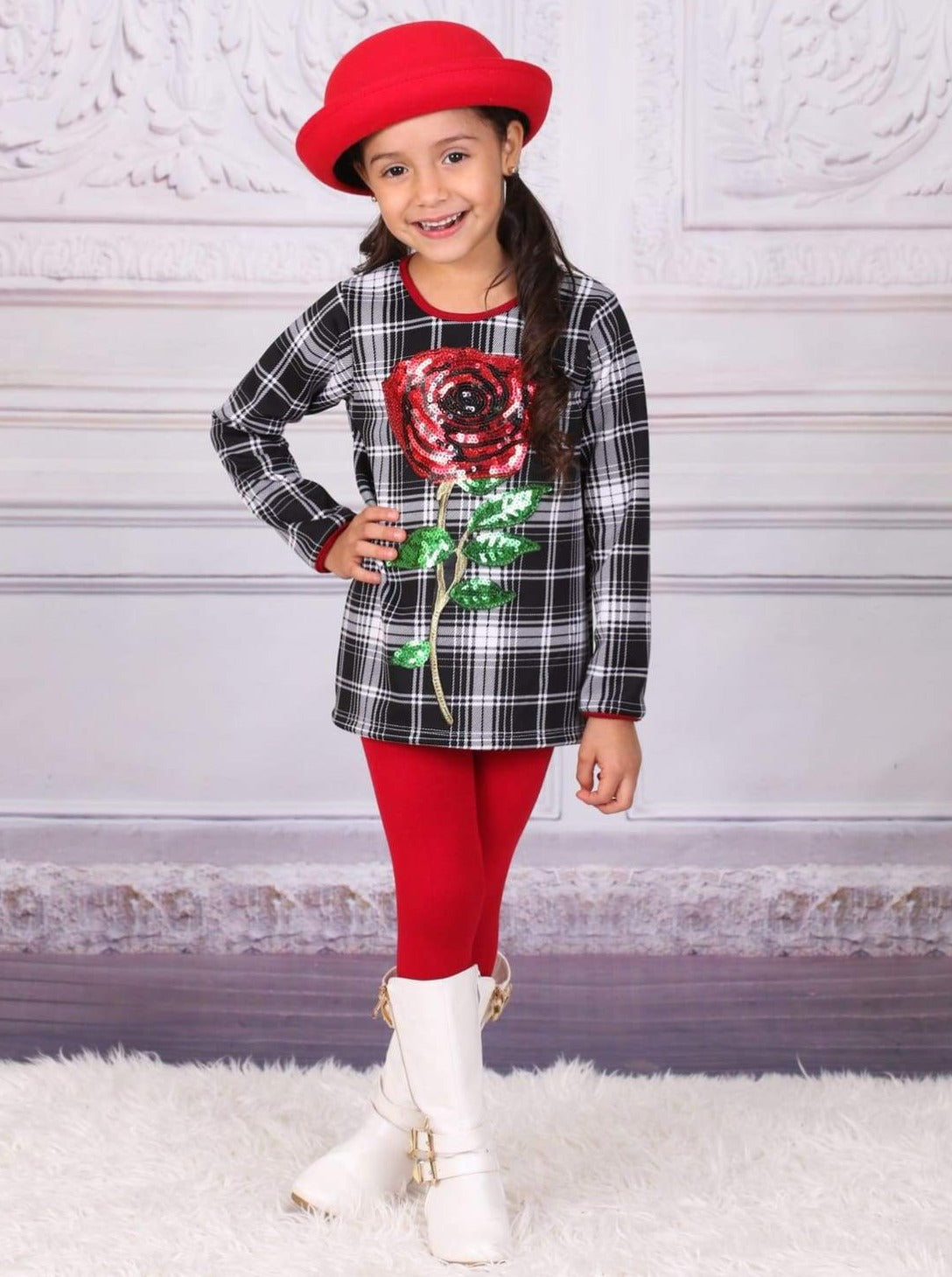 Girls Plaid Tunic with Sequin Applique Rose & Leggings Set - Girls Fall Casual Set