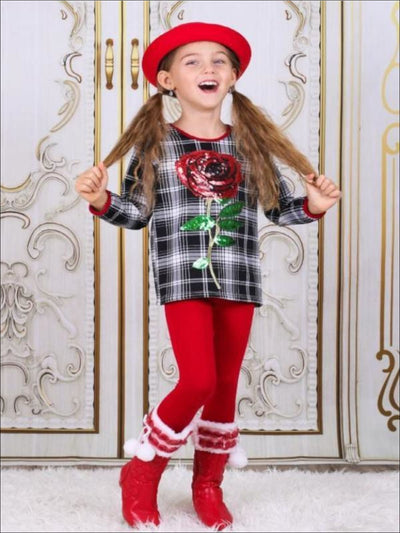 Girls Plaid Tunic with Sequin Applique Rose & Leggings Set - Girls Fall Casual Set