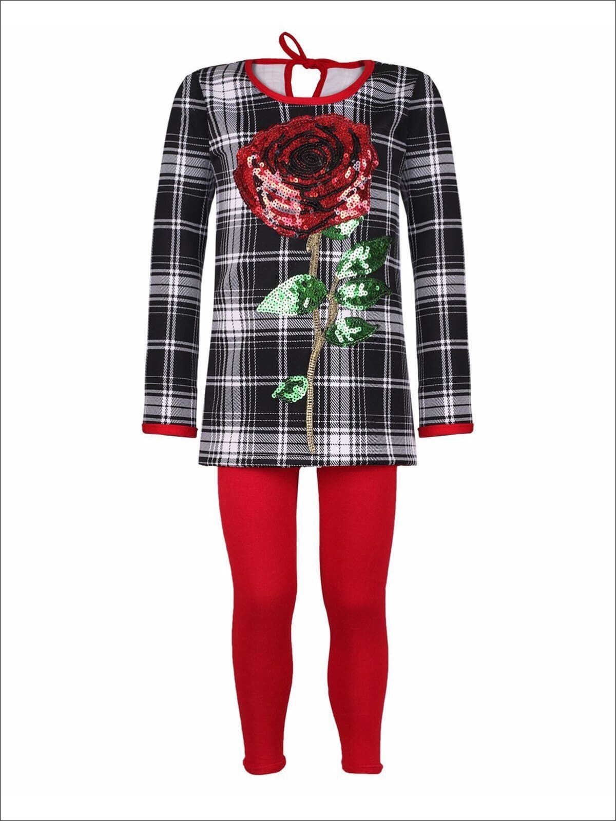 Girls Plaid Tunic with Sequin Applique Rose & Leggings Set - Black/White/Red / 2T/3T - Girls Fall Casual Set