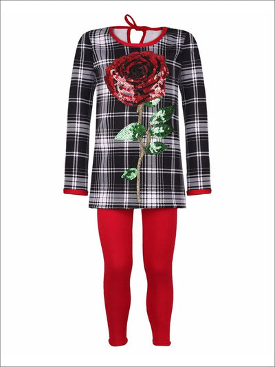 Girls Plaid Tunic with Sequin Applique Rose & Leggings Set - Black/White/Red / 2T/3T - Girls Fall Casual Set