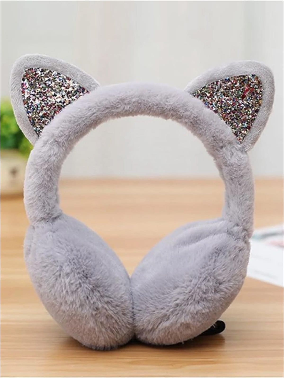 Girls Plush Glitter Cat Ear Earmuffs (5 Color Options) - Grey - Girls Hats