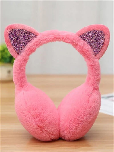 Girls Plush Glitter Cat Ear Earmuffs (5 Color Options) - Hot Pink - Girls Hats