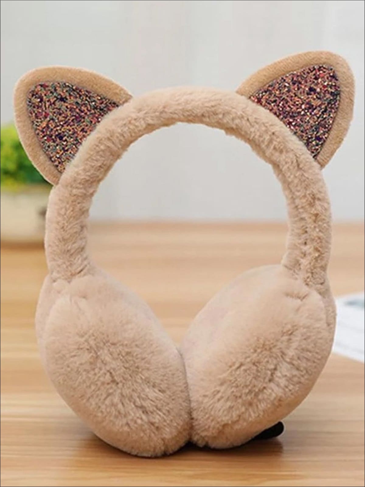 Girls Plush Glitter Cat Ear Earmuffs (5 Color Options) - Khaki - Girls Hats