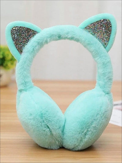 Girls Plush Glitter Cat Ear Earmuffs (5 Color Options) - Mint - Girls Hats