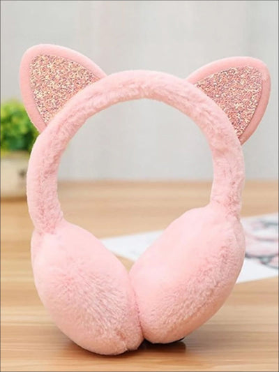 Girls Plush Glitter Cat Ear Earmuffs (5 Color Options) - Pink - Girls Hats