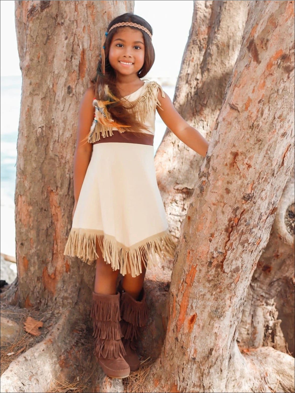 Girls Pocahontas Inspired Bohemian One Shoulder Fringe Halloween Costume - Girls Halloween Costume