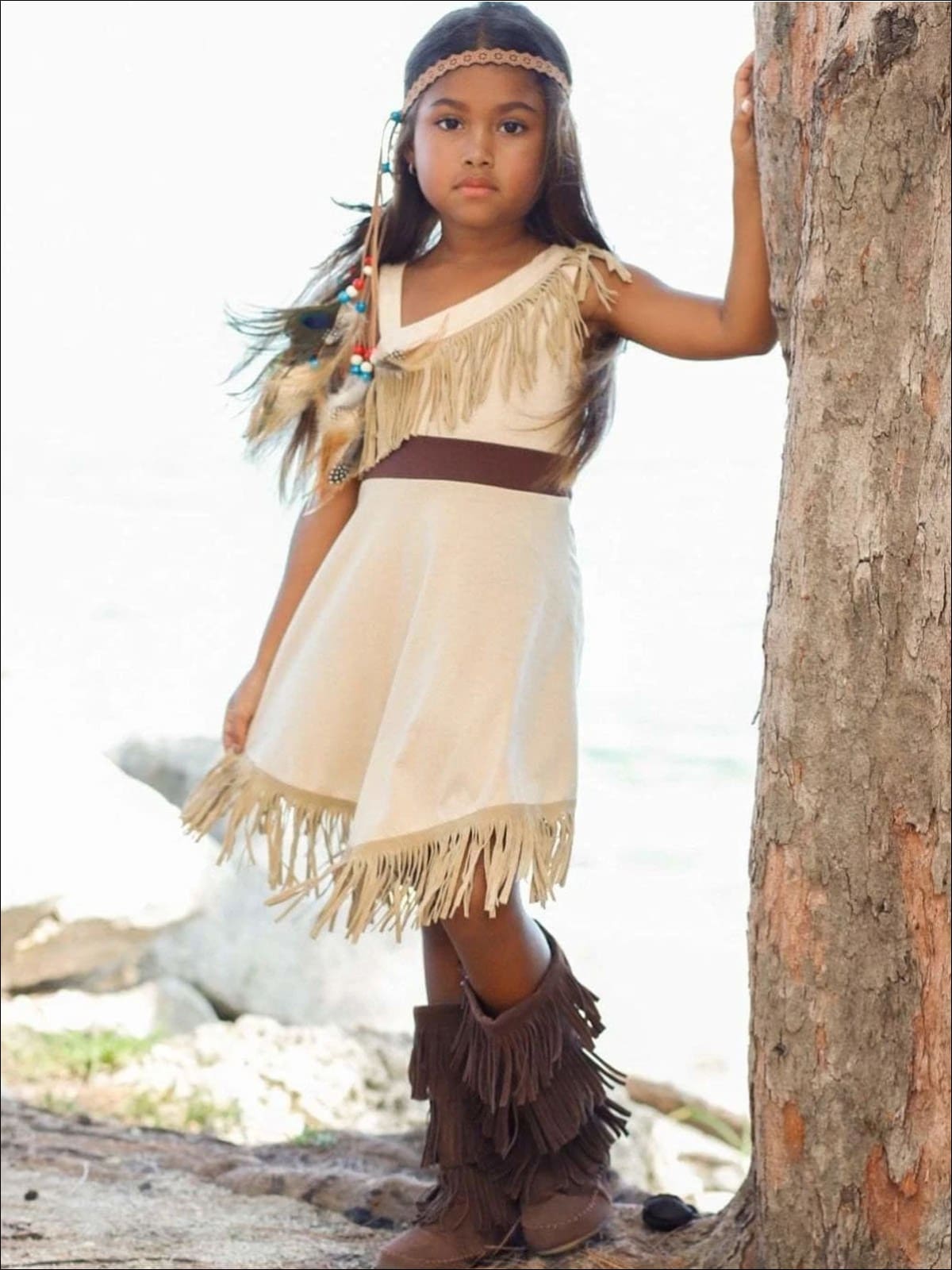 Girls Pocahontas Inspired Bohemian One Shoulder Fringe Halloween Costume - Girls Halloween Costume