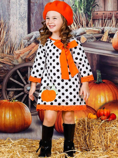 Girls Polka Dot 3/4 Sleeve Crochet Dress with Pumpkin Applique & Large Bow - Girls Fall Casual Dress