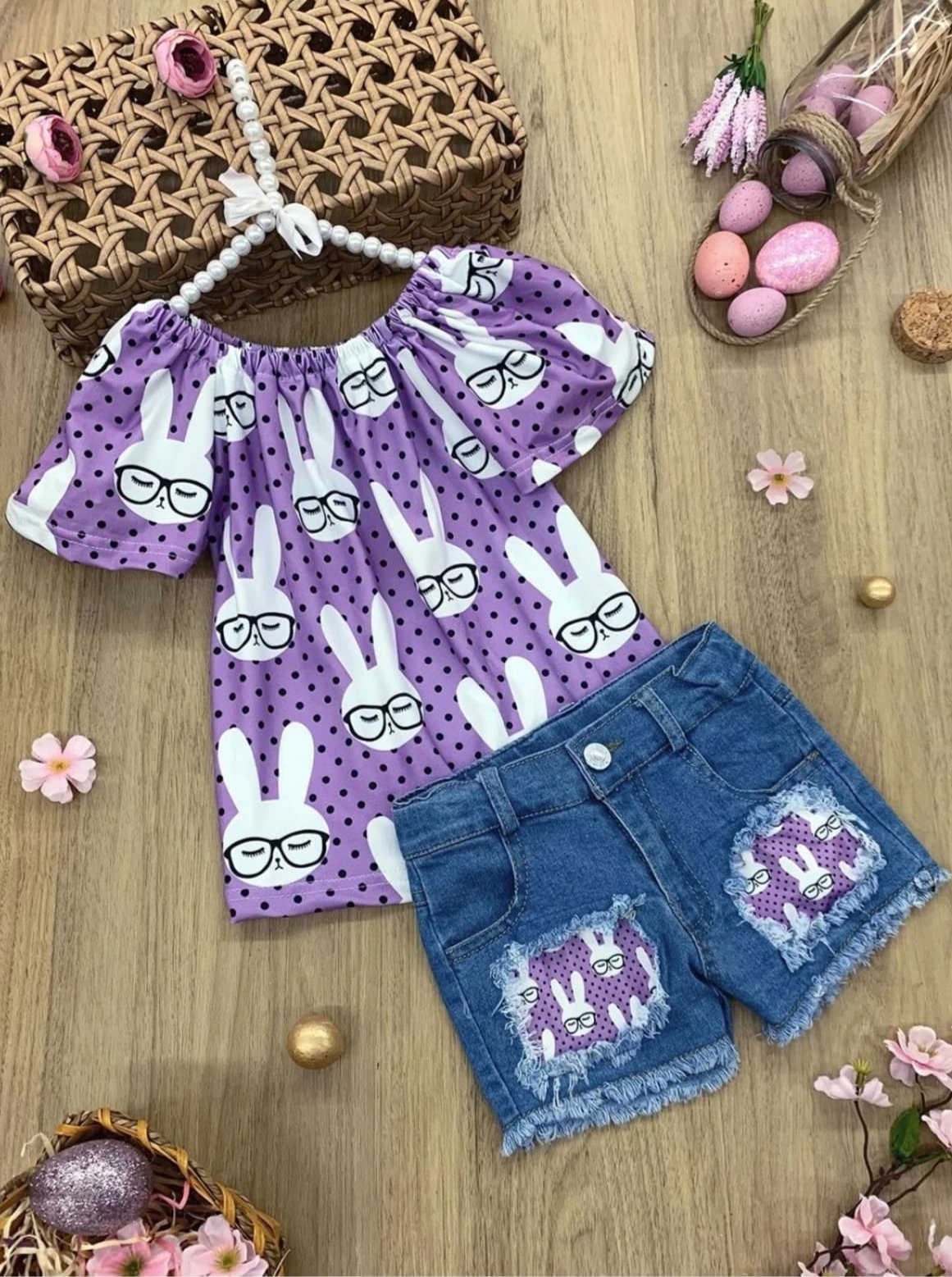 Girls Set features a polka dot bunny print pattern and matching patched denim shorts - Girls Spring Casual Set