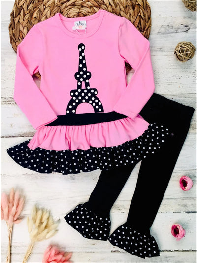 Girls Polka Dot Eiffel Tower Print Long Sleeve Peplum Bow Tunic & Ruffled Leggings Set - Girls Fall Casual Dress