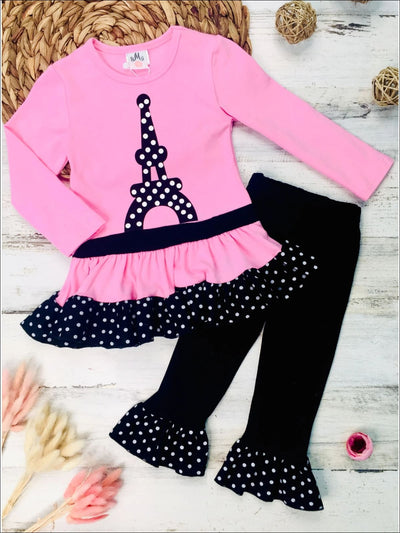 Girls Polka Dot Eiffel Tower Print Long Sleeve Peplum Bow Tunic & Ruffled Leggings Set - Pink / 2T - Girls Fall Casual Dress