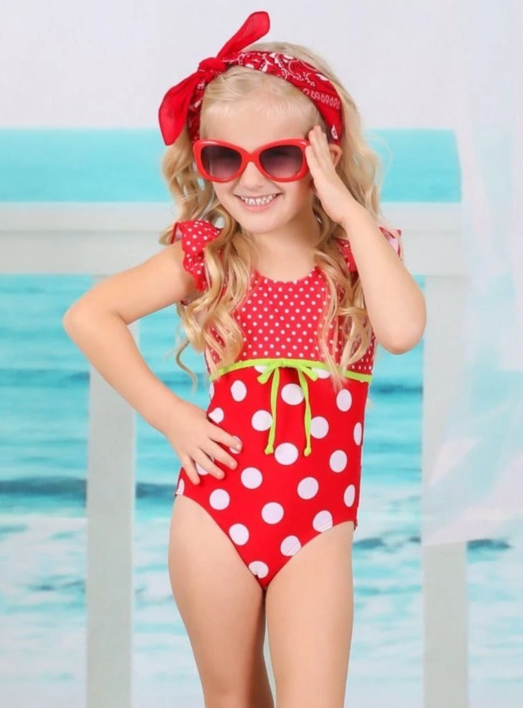 Girls Polka Dot Flutter Sleeve One Piece Swimsuit with Bow Detail - Girls One Piece Swimsuit