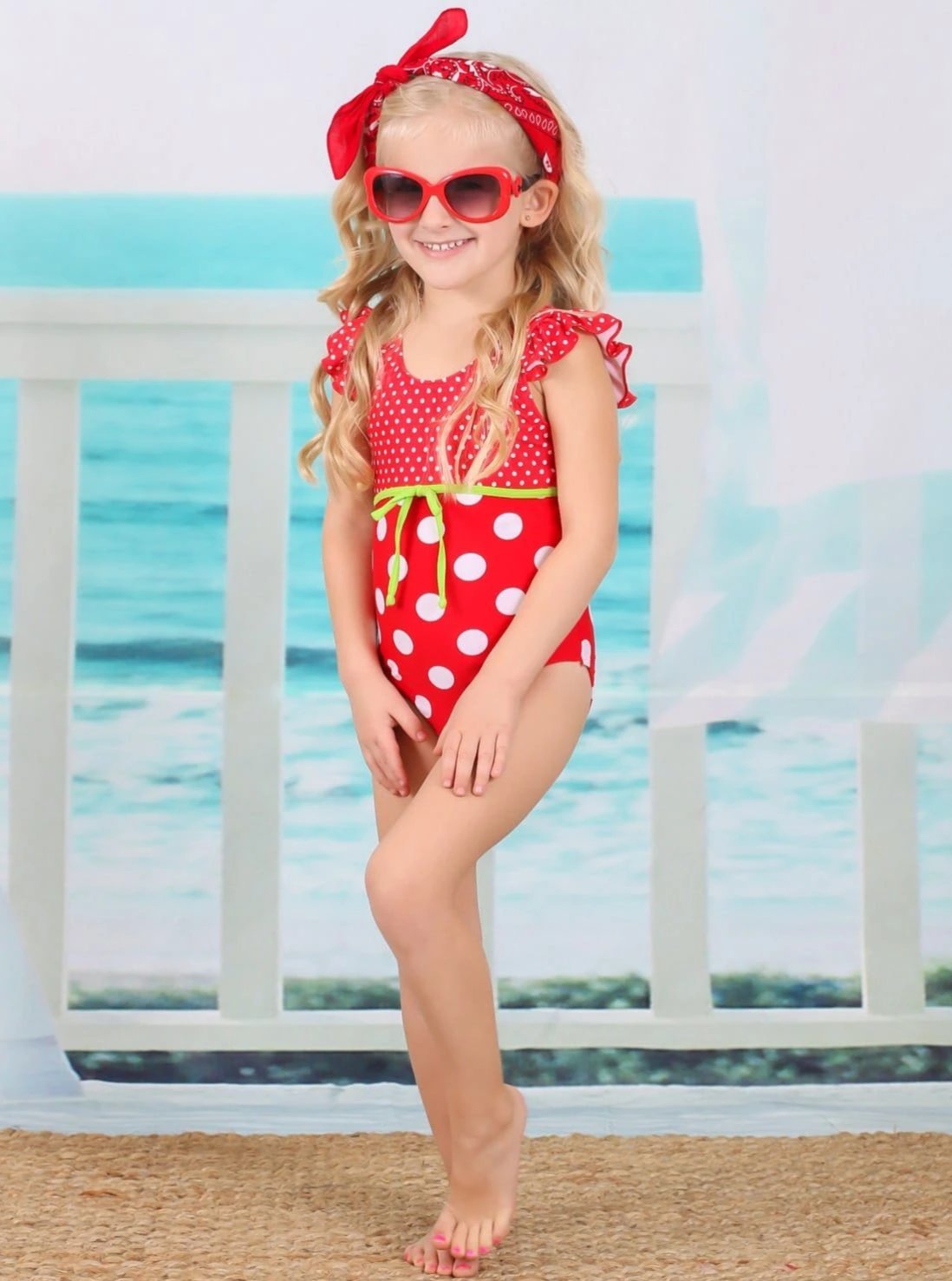 Girls Polka Dot Flutter Sleeve One Piece Swimsuit with Bow Detail - Girls One Piece Swimsuit