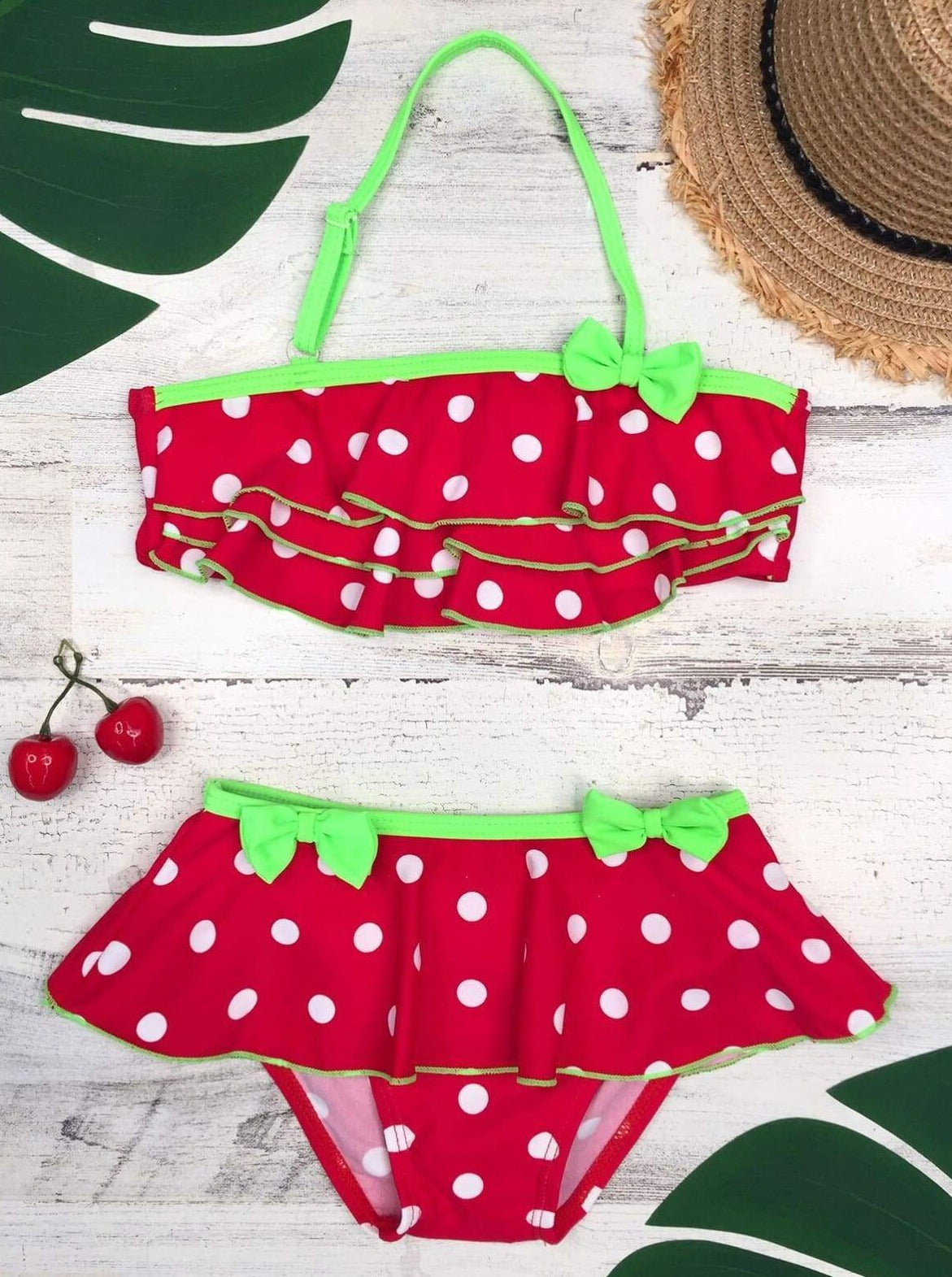 Girls Polka Dot Halter Ruffled Skirted Bottom Two Piece Swimsuit with Bows
