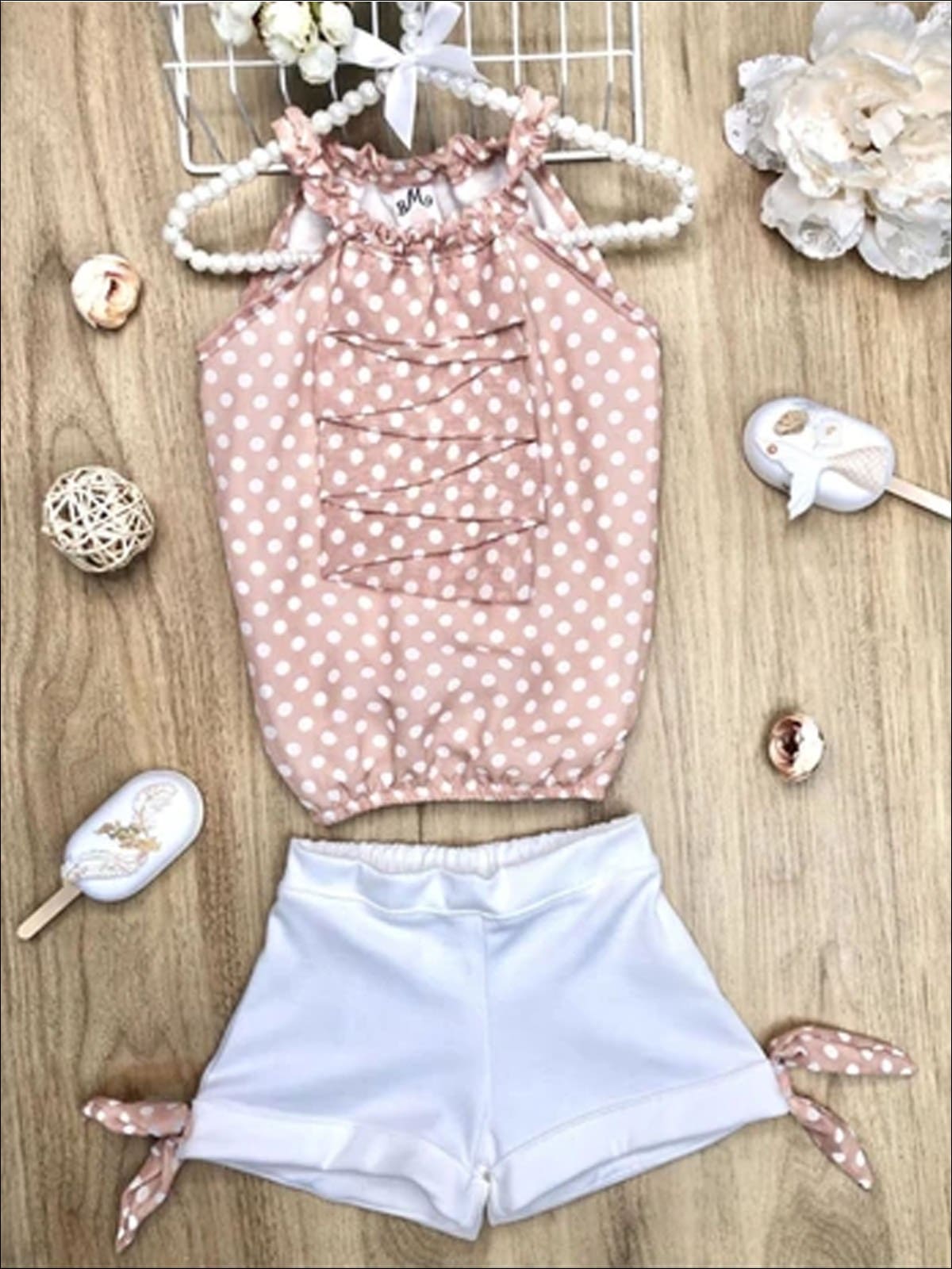 Girls Polka Dot Ruched Halter Neck Cascade Front Top & Cuffed Bow Shorts Set - Girls Spring Casual Set