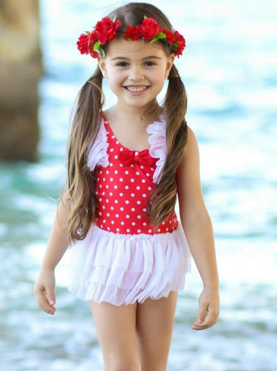 Kids Swimsuits |  Girls Polka Dot Ruffled Skirted One Piece Swimsuit