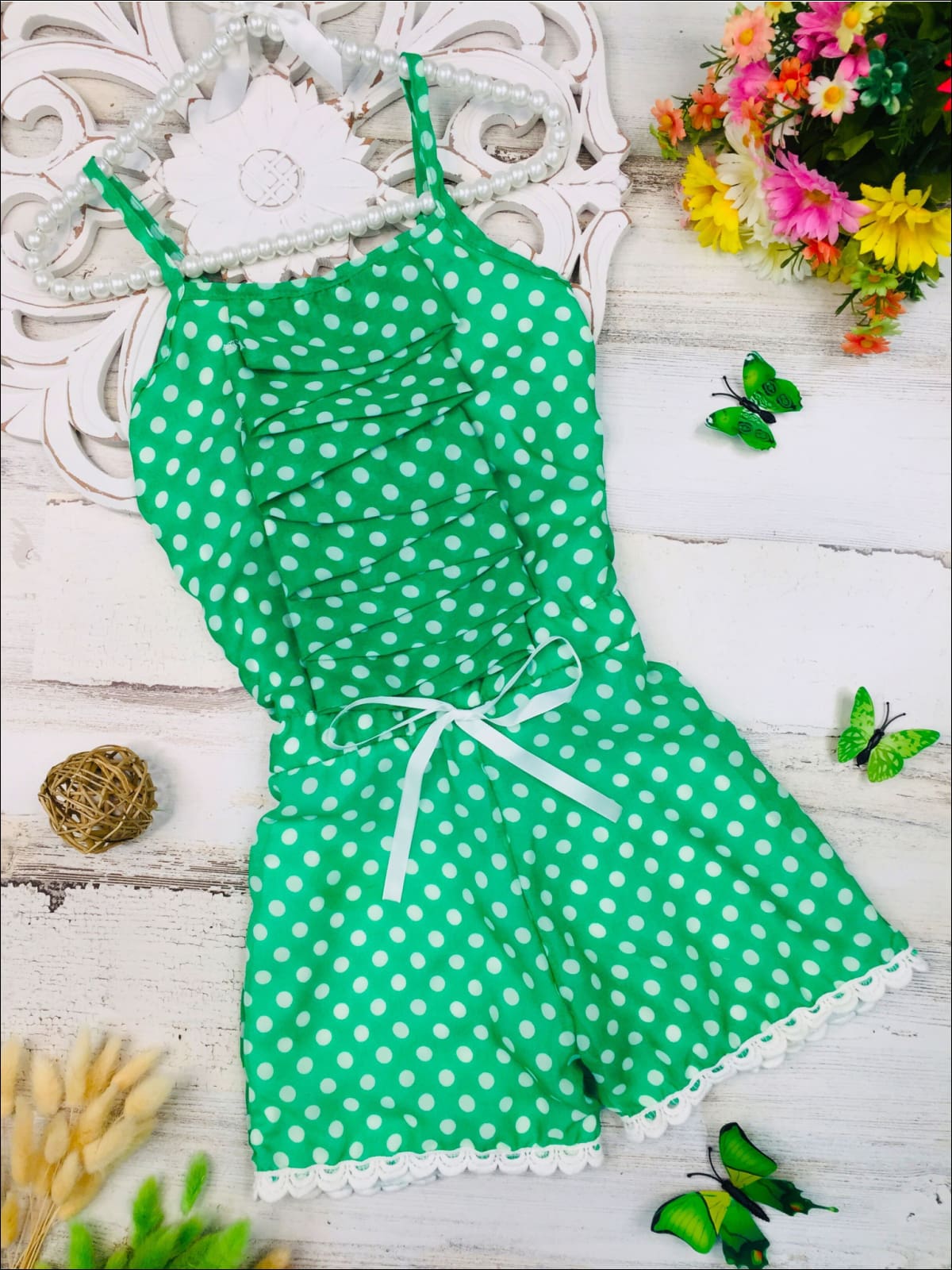 Toddler Spring Outfits | Girls Polka Dot Cascading Ruffle Romper