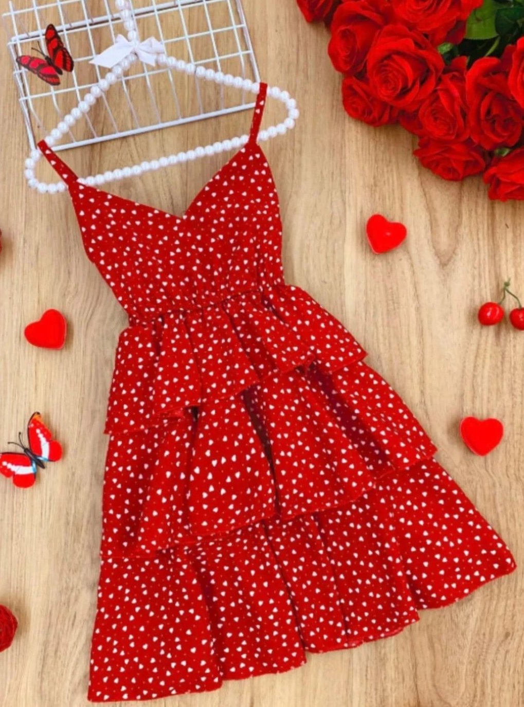 Girls Chiffon Dots Tiered Dress - Red / 2T - Girls Spring Casual Dress