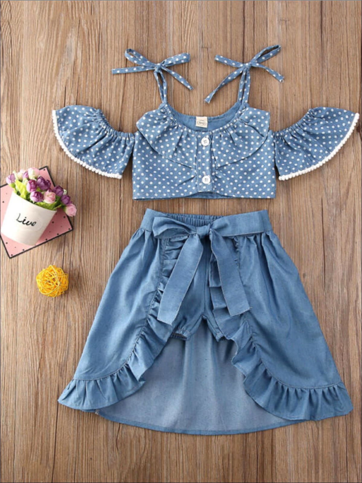 Girls Spring Outfits | Polka Dot Top & Chambray Skirt Overlay Shorts