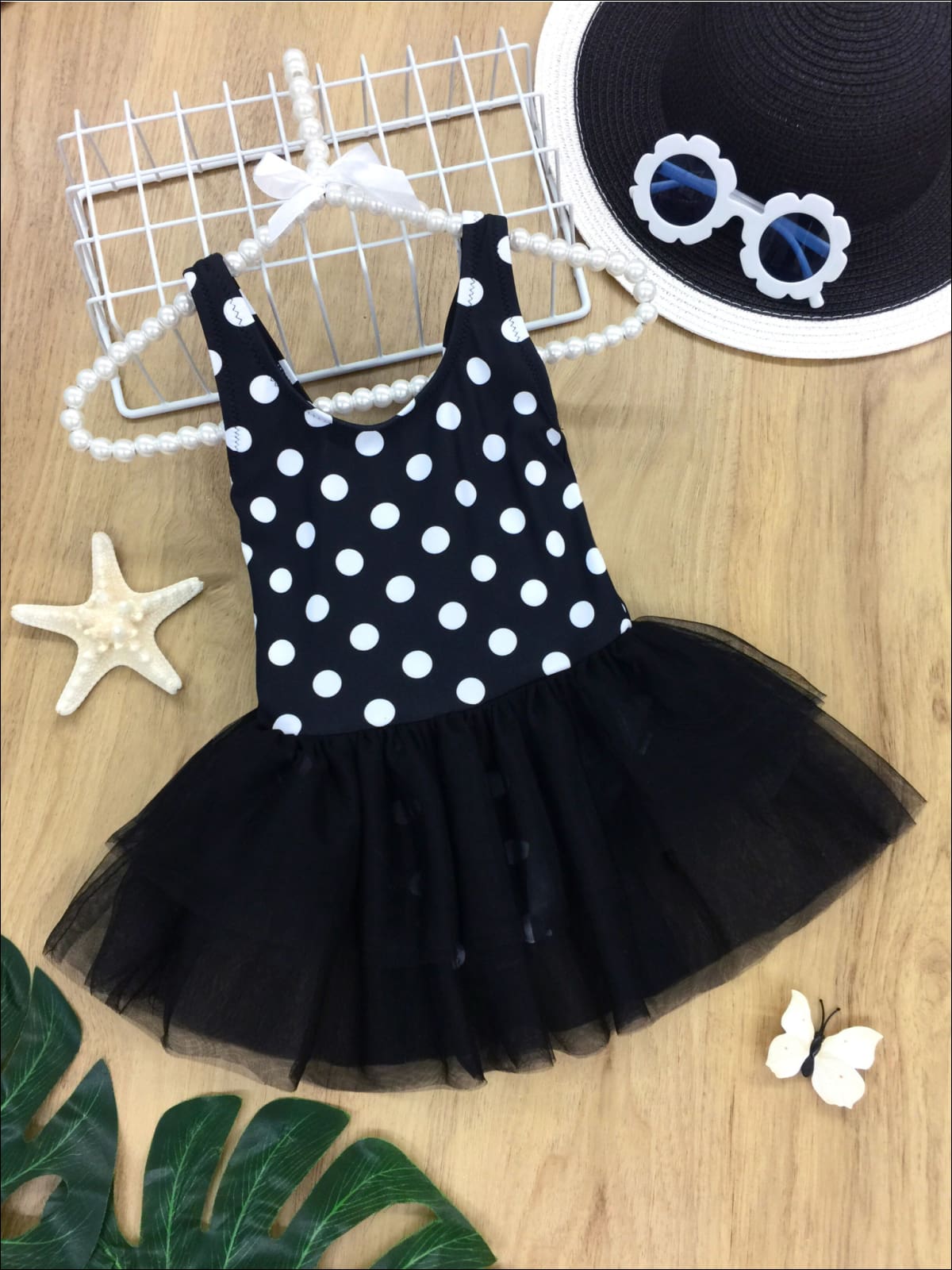 Girls Polka Dot Tutu Skirt One Piece Swimsuit - Black / 2T - One Piece Swimsuit