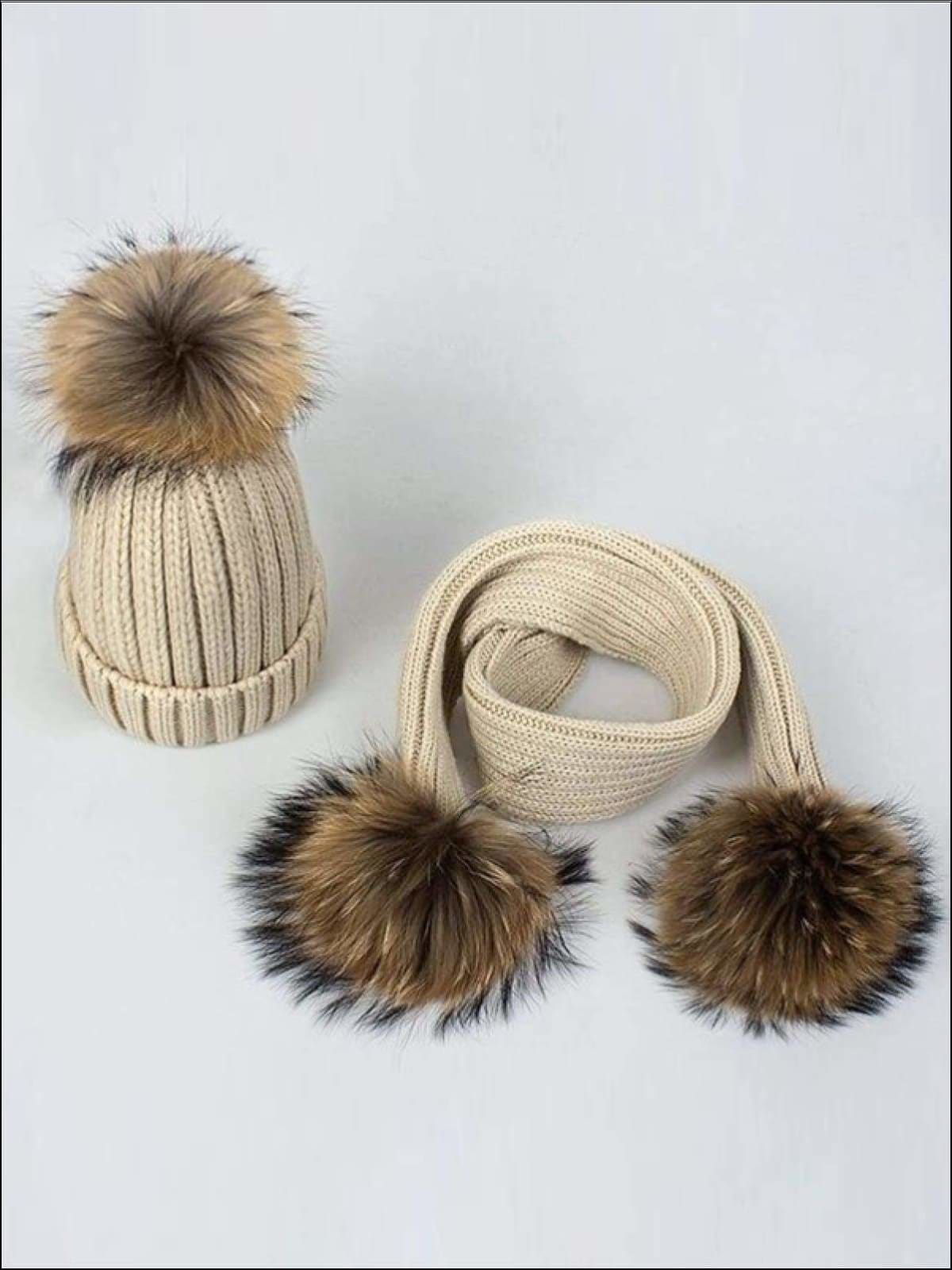 Girls Pom Pom Knitted Hat and Scarf - Beige - Girls Hats
