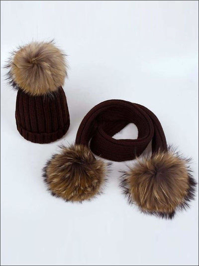 Girls Pom Pom Knitted Hat and Scarf - Brown - Girls Hats