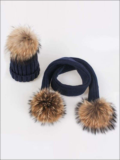 Girls Pom Pom Knitted Hat and Scarf - Navy - Girls Hats