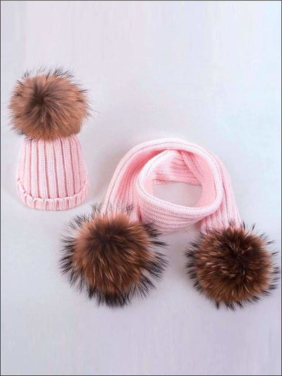 Girls Pom Pom Knitted Hat and Scarf - Pink - Girls Hats