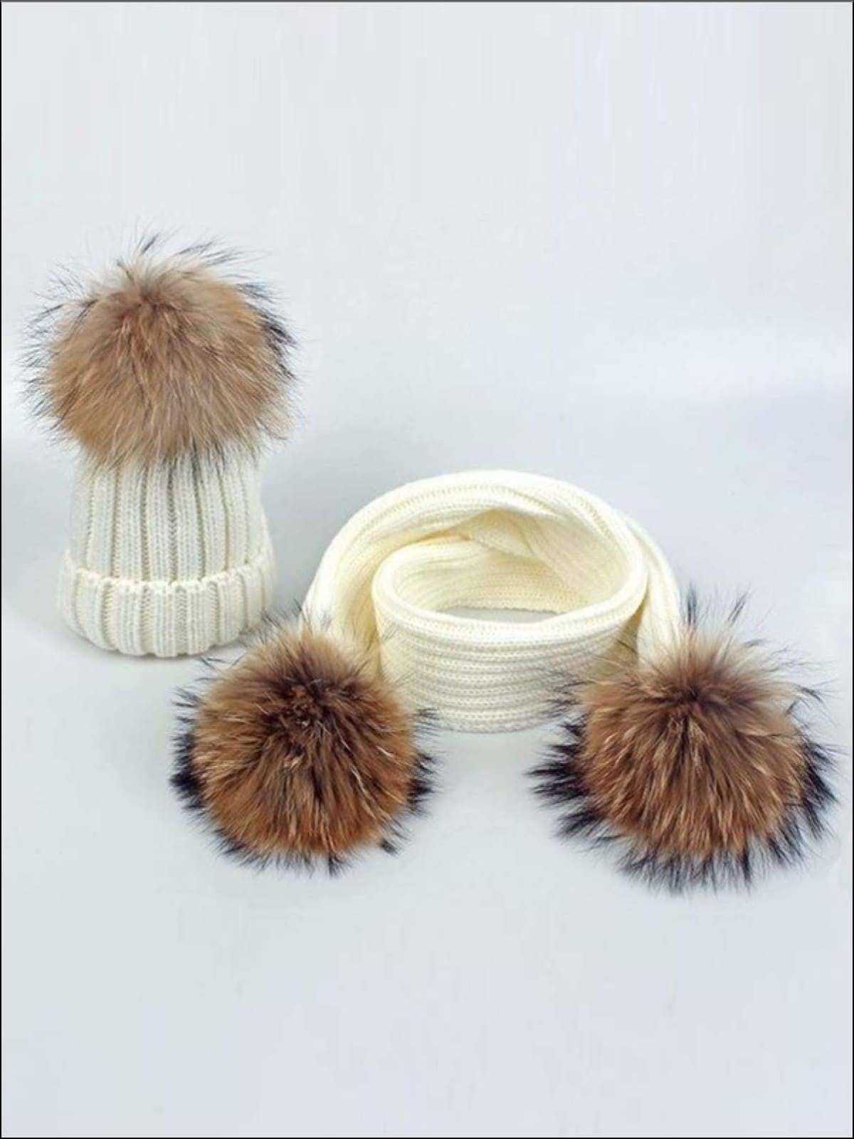 Girls Pom Pom Knitted Hat and Scarf - White - Girls Hats