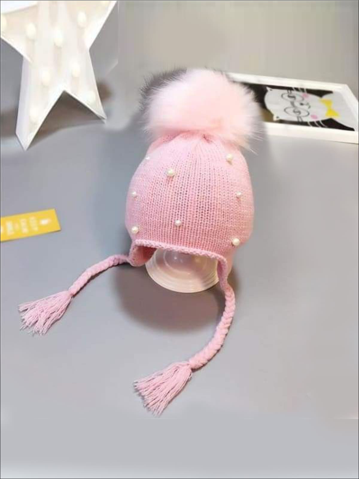 Girls Pom Pom Knitted Hat - Pink - Girls Hats