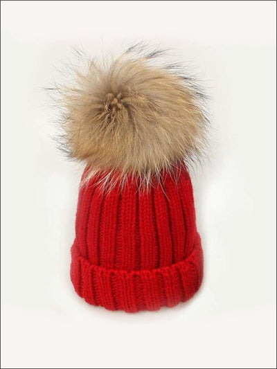 Girls Pom Pom Knitted Hat - Red - Girls Hats