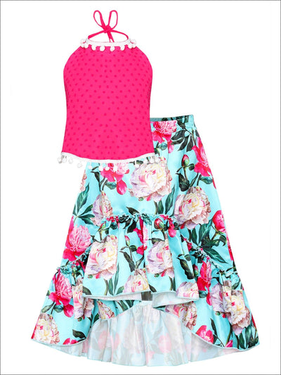 Girls Pom Pom Trimmed Halter Top & Satin Hi-Lo Ruffled Skirt Set - Mint / 2T/3T - Girls Spring Dressy Set