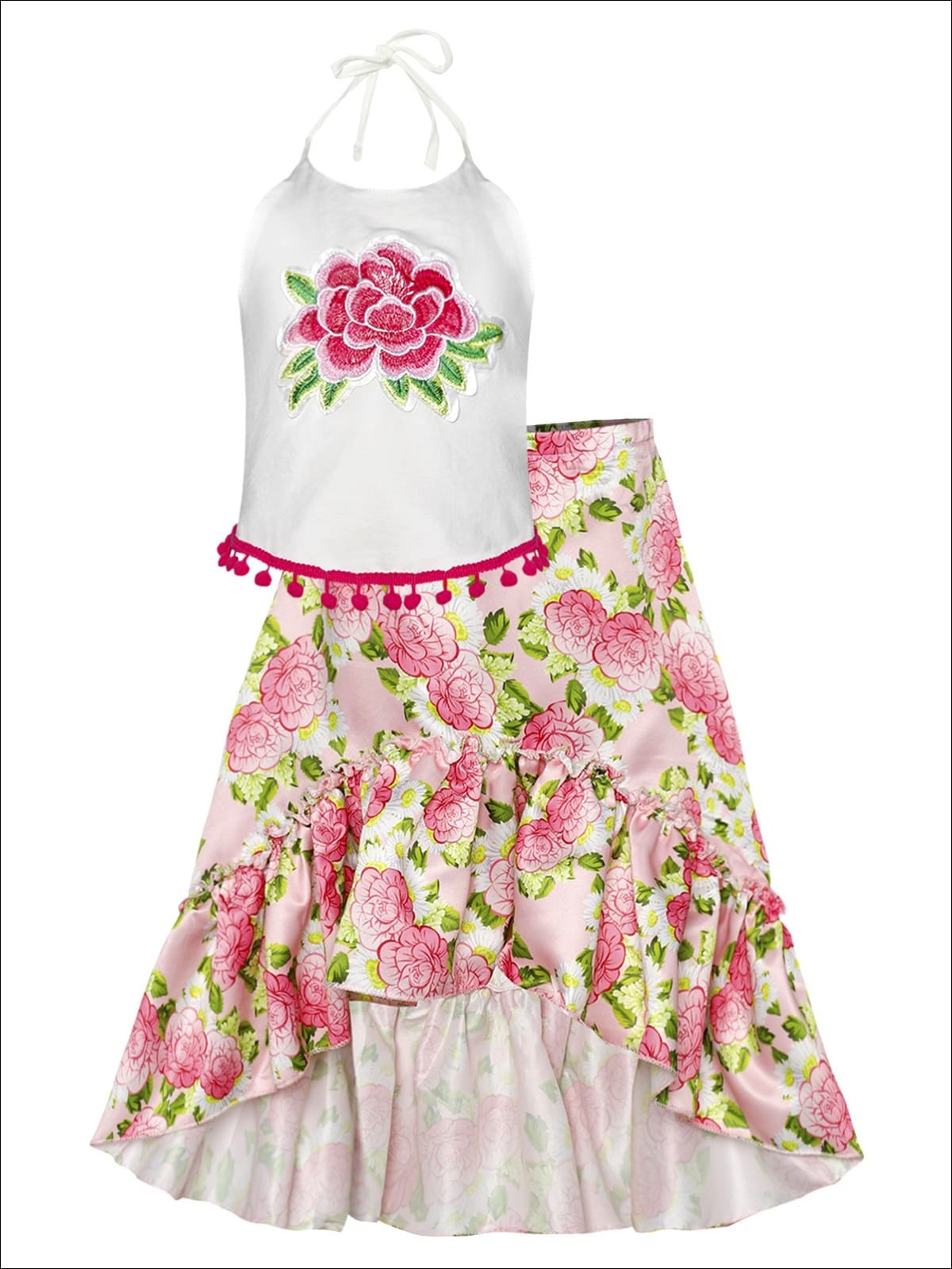 Girls Pom Pom Trimmed Halter Top & Satin Hi-Lo Ruffled Skirt Set - Pink / 2T/3T - Girls Spring Dressy Set