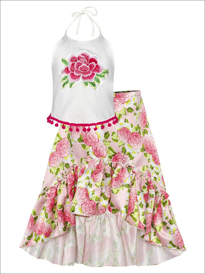 Girls Pom Pom Trimmed Halter Top & Satin Hi-Lo Ruffled Skirt Set - Pink / 2T/3T - Girls Spring Dressy Set