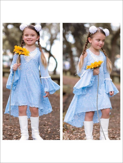 Girls Powder Blue Cold Shoulder Hi-Lo Bell Sleeve Dress with Crochet Collar - Girls Spring Casual Dress