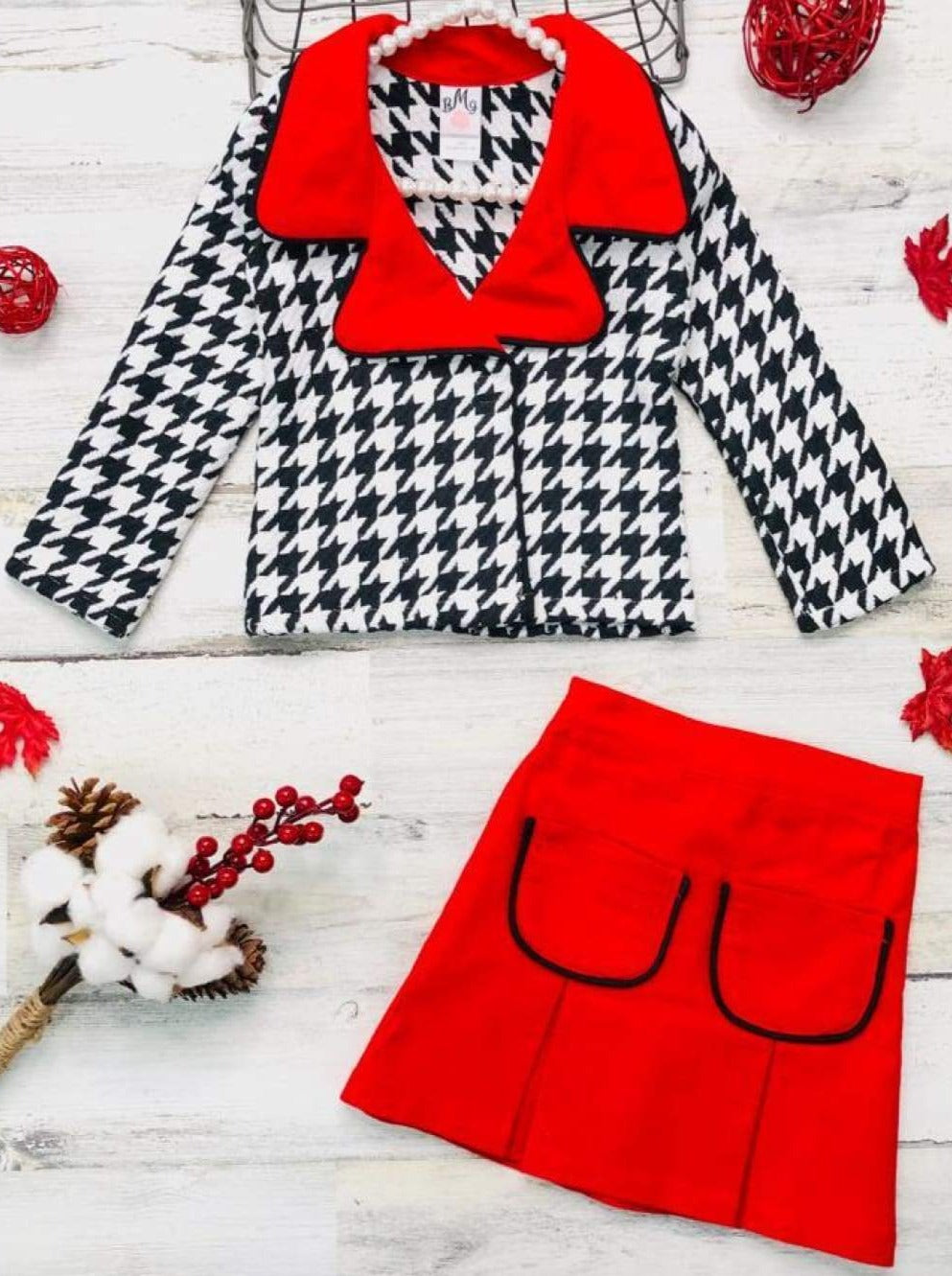 Girls Preppy Black & White Houndstooth Tweed Red Collared Blazer & Red Pleated Pocket Skirt Set - Red / 2T/3T - Girls Fall Dressy Set