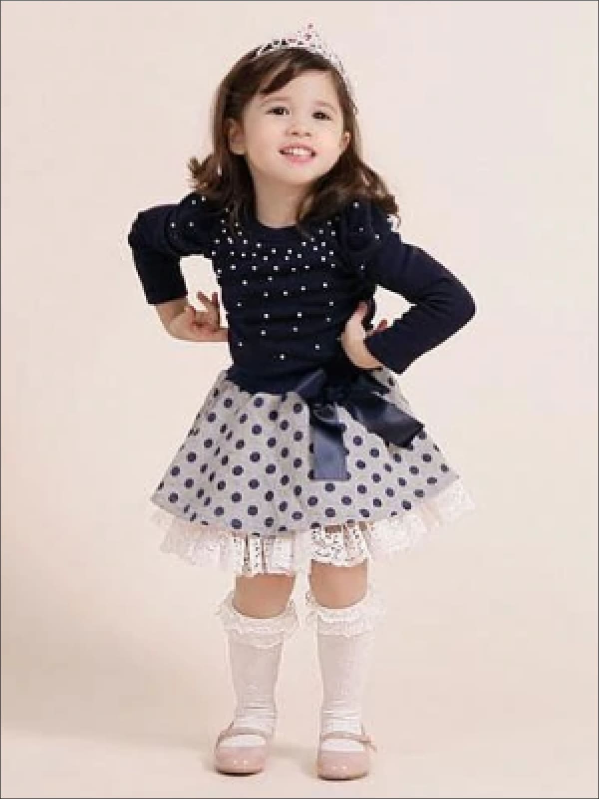 Girls Preppy Blue Embellished Sweater Top & Polka Dot Lace Trimmed Skirt Set - Girls Fall Dressy Set
