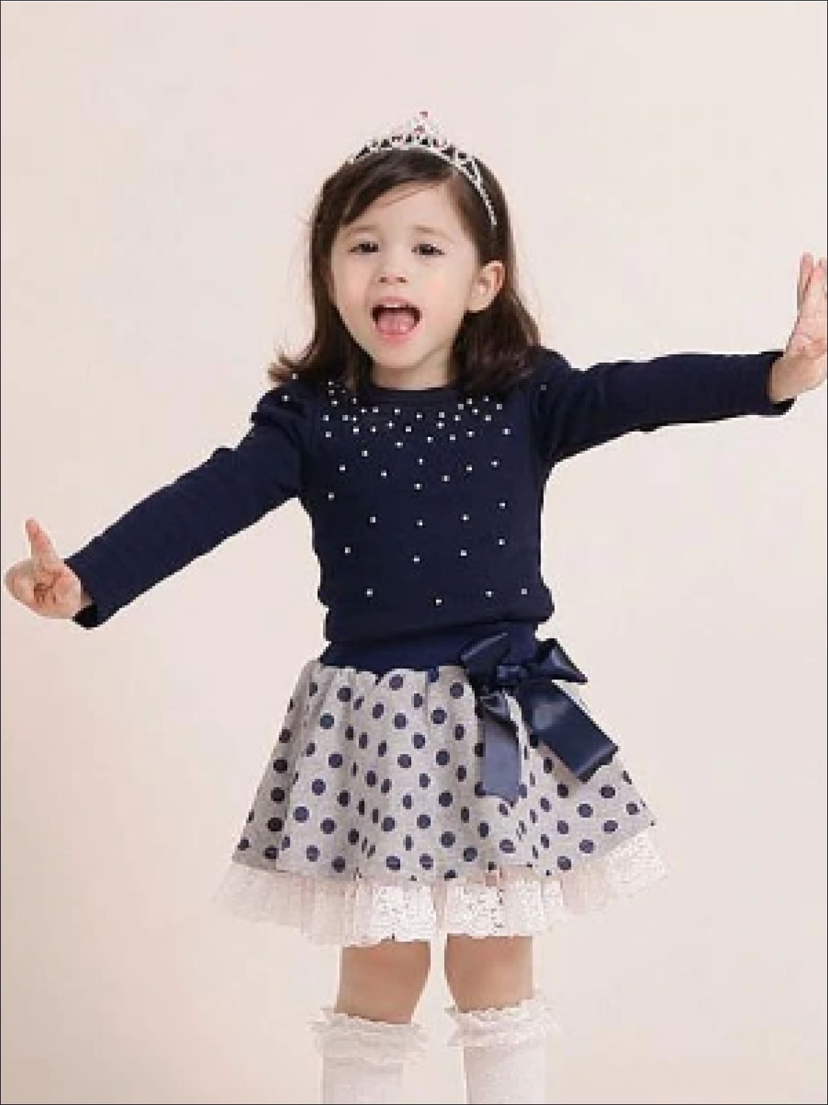 Girls Preppy Blue Embellished Sweater Top & Polka Dot Lace Trimmed Skirt Set - Girls Fall Dressy Set