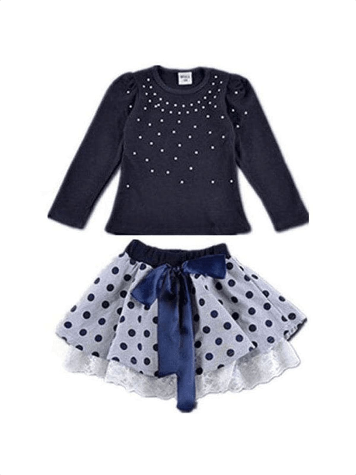 Girls Preppy Blue Embellished Sweater Top & Polka Dot Lace Trimmed Skirt Set - 3T - Girls Fall Dressy Set
