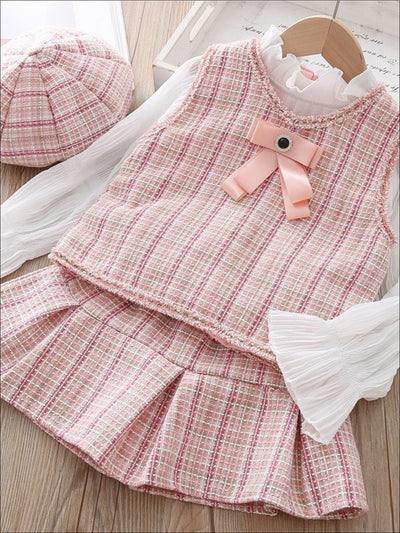 Girls Preppy Boho Tweed Vest Matching Pleated Skirt and Beret Set - Girls Spring Casual Set