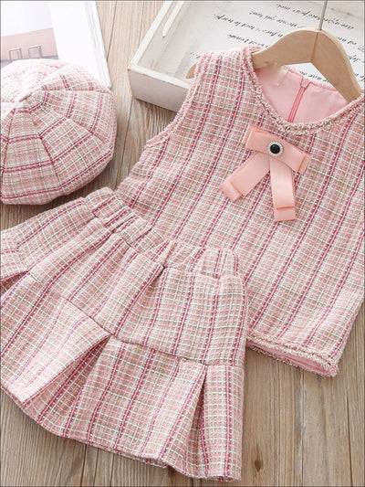Girls Preppy Boho Tweed Vest Matching Pleated Skirt and Beret Set - Pink / 24M - Girls Spring Casual Set