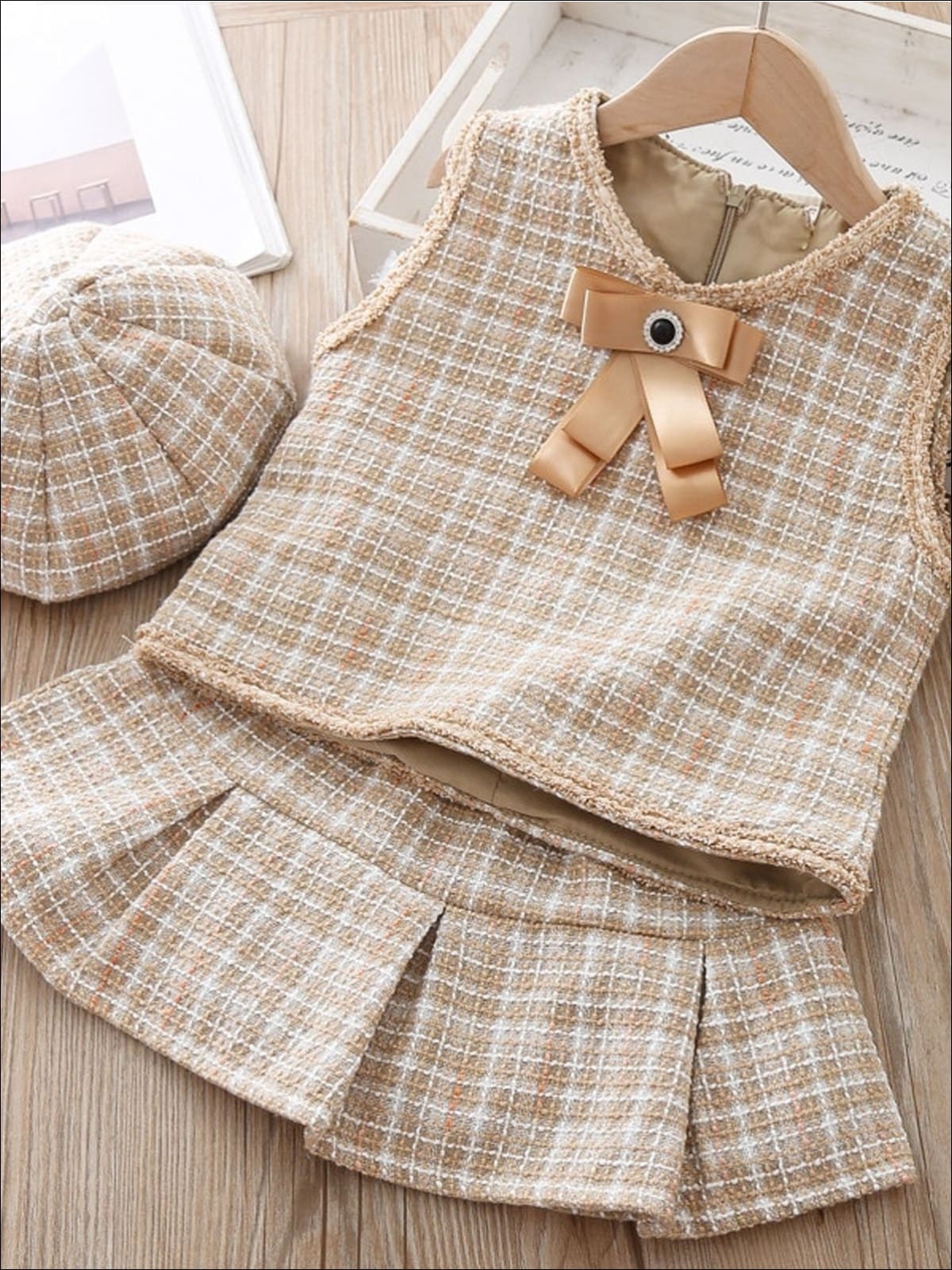 Girls Preppy Boho Tweed Vest Matching Pleated Skirt and Beret Set - Tan / 24M - Girls Spring Casual Set