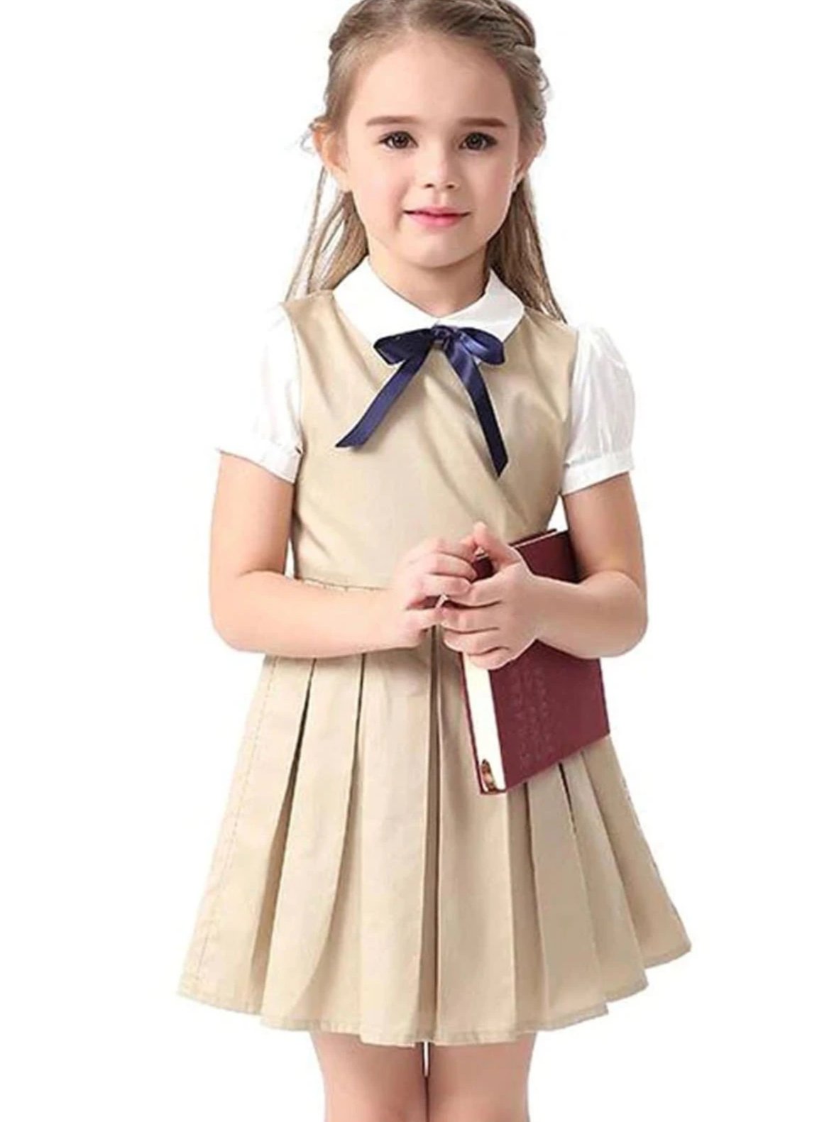 Girls Preppy Bow Tie Collar Pleated A-Line School Girl Uniform Dress - Girls Fall Casual Dress