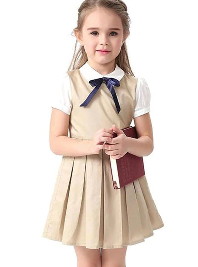 Girls Preppy Bow Tie Collar Pleated A-Line School Girl Uniform Dress - Girls Fall Casual Dress